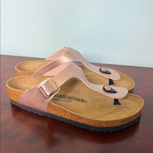 Birkenstock Dusty Rose Gold Gizeh Sandals with Adjustable Straps and Cork Sole